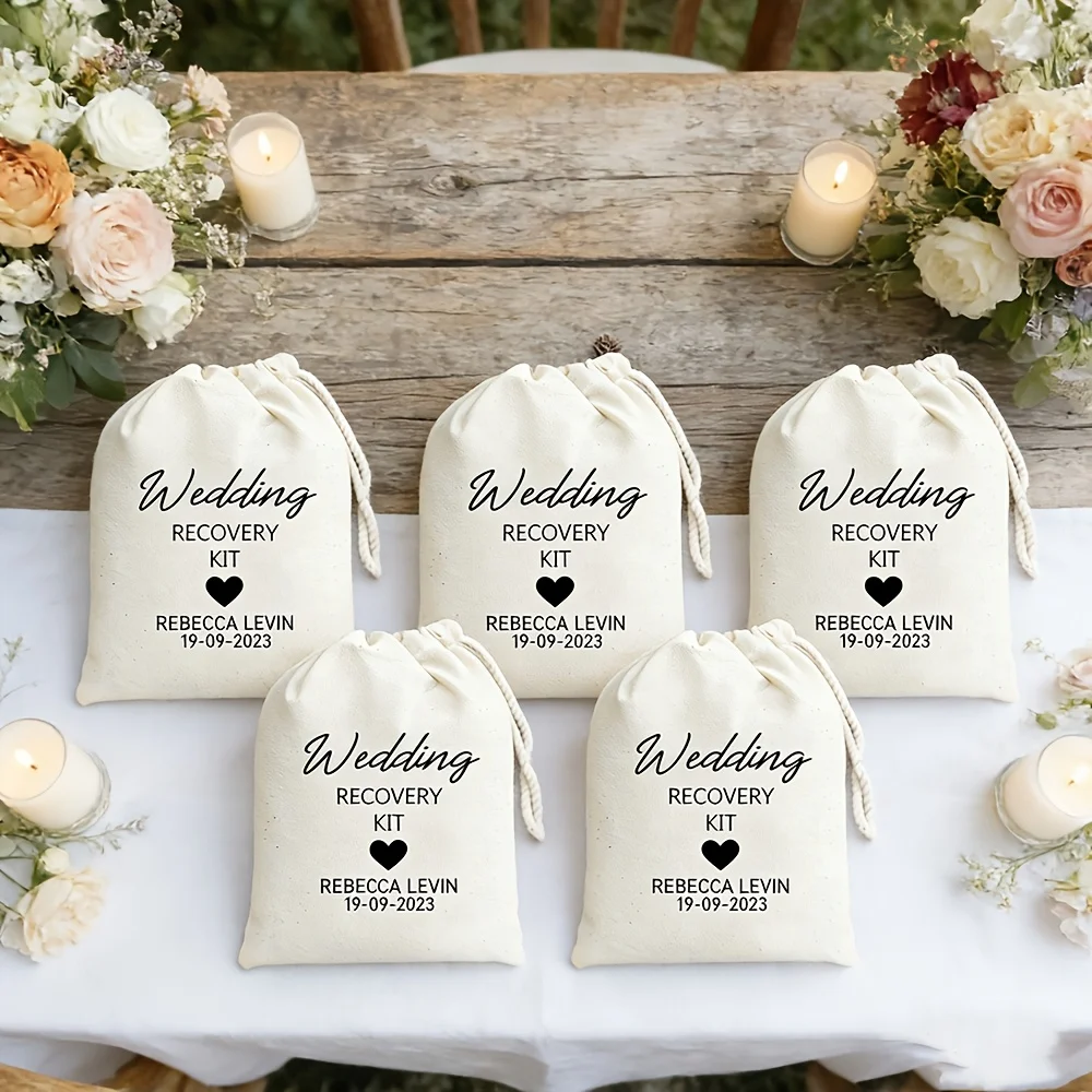5 bolsas personalizadas de estilo bohemio rústico para bodas, ideales para regalar a los invitados, a los padrinos y madrinas, a los novios y a las damas de honor, como obsequio de agradecimiento.