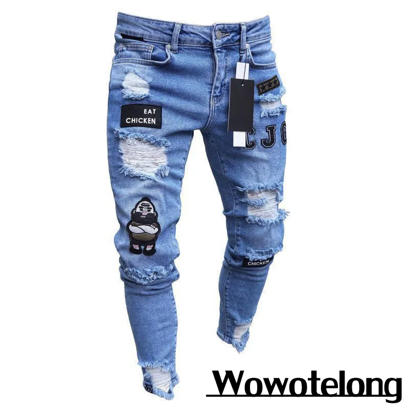 2023 White Embroidery Skinny Ripped Jeans Men Cotton Stretchy Slim Fit Hip Hop Denim Pants Casual Jeans for Men Jogging Trousers