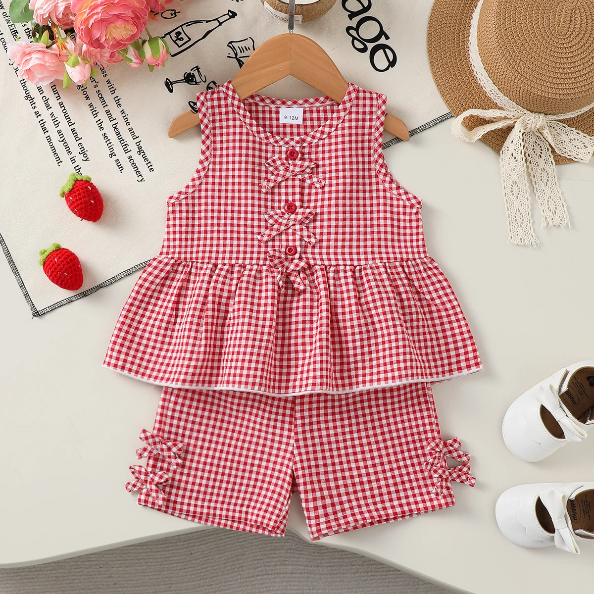 0-3 Year Girl's Summer Set with Checkered Small Bow Top and Pants 2Pcs/Set for Toddler Baby Girl's Fashion Set and Baby Clothing