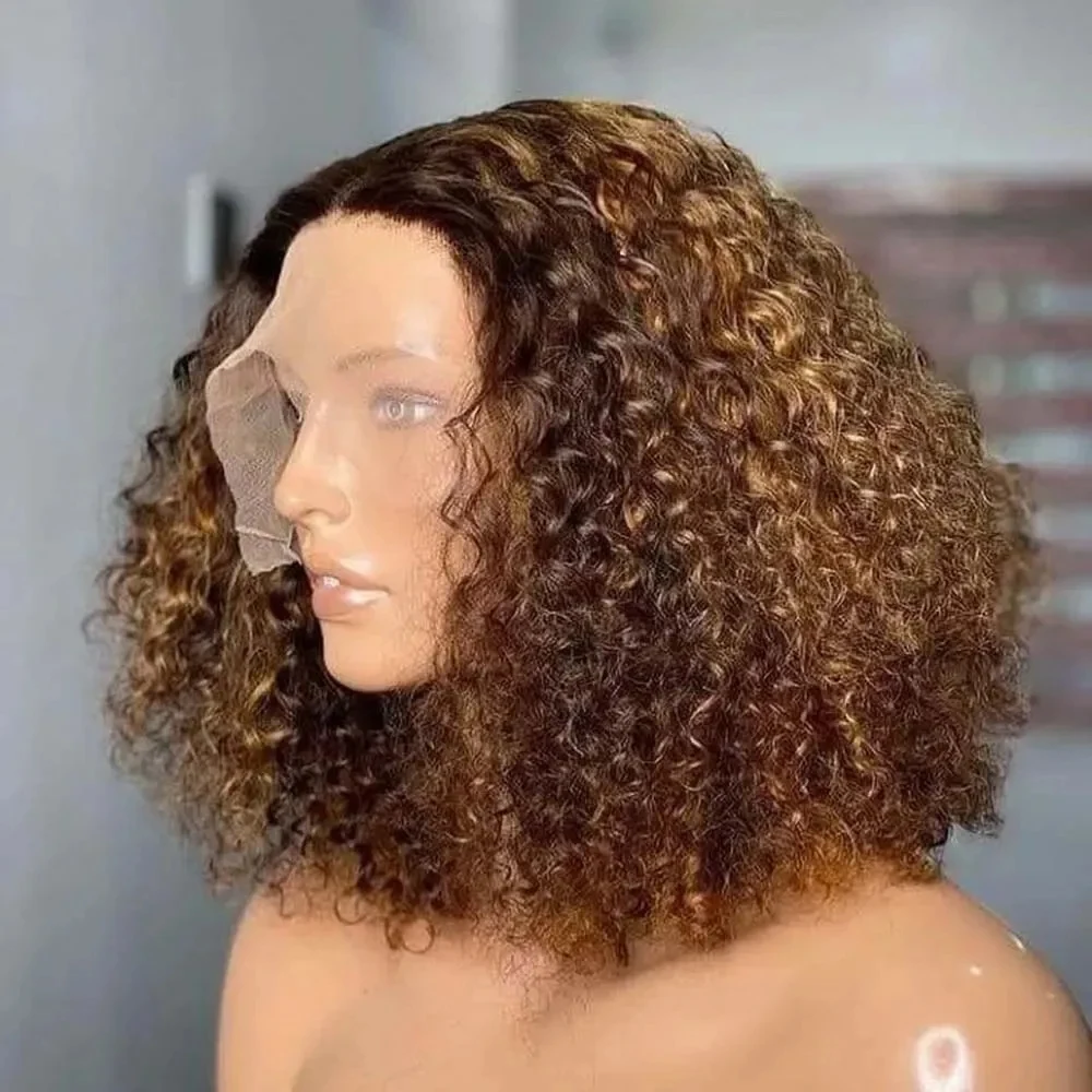 Highlight Short Curly Bob 100% Human Hair Wigs Water Wave P4/27 13x4 HD Lace Front Wigs 250 Density Ombre Colored Deep Wave Human Hair Lace Frontal Wig Glueless Ready To Wear Preplucked No Glue Kinky Curly Hair 16 Inch For Women