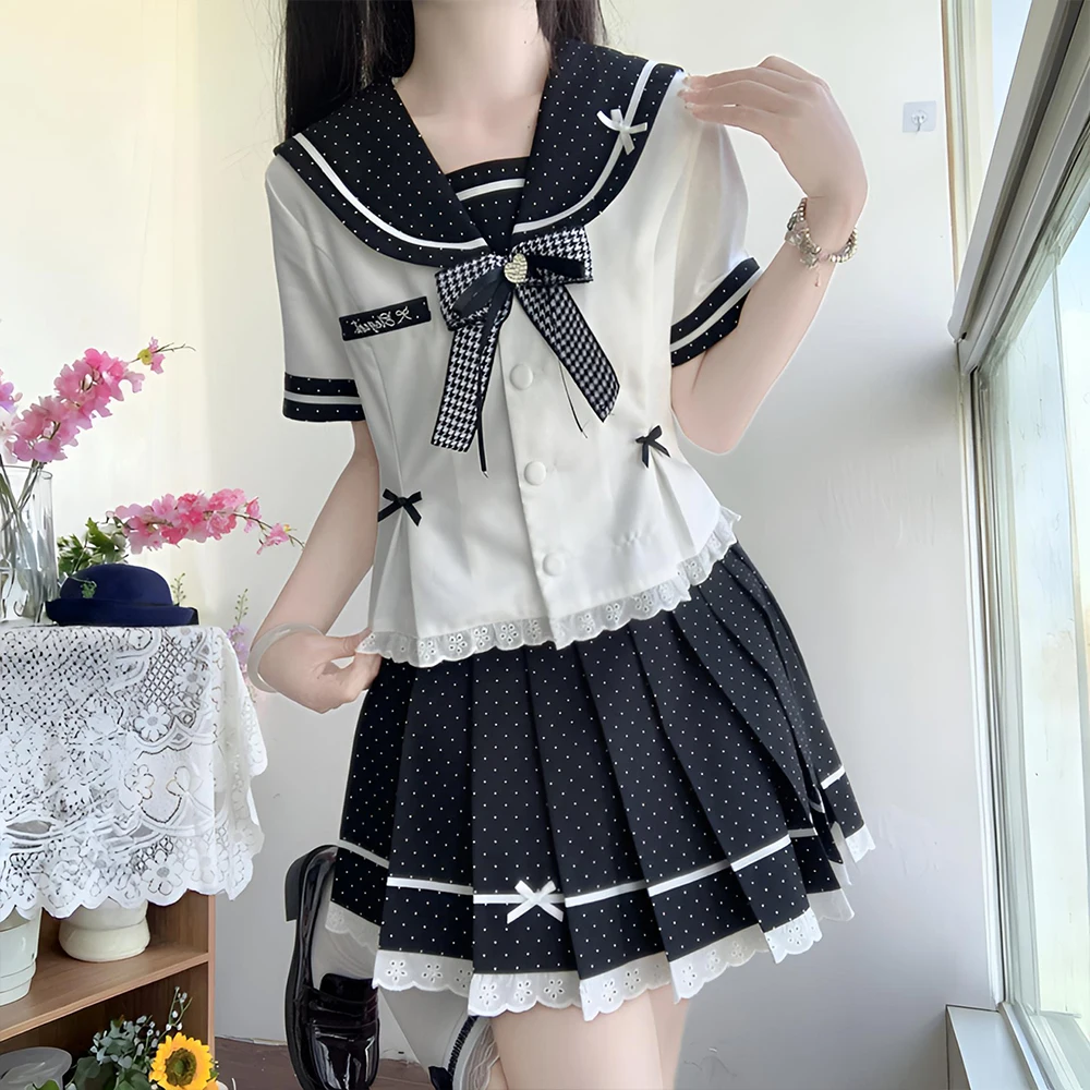 

Lolita Cute and Sweet Polka Dot Sailor Set Short Sleeve+Short Skirt Slimming Jk Uniform Anti Wrinkle Fashion Set 2026 Newedition