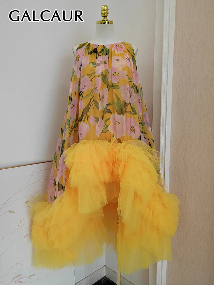 

GALCAUR Patchwork Mesh Dresses For Women Round Neck Sleeveless High Wast Printing Colorblock Midi Dress Female Fashion Clothing