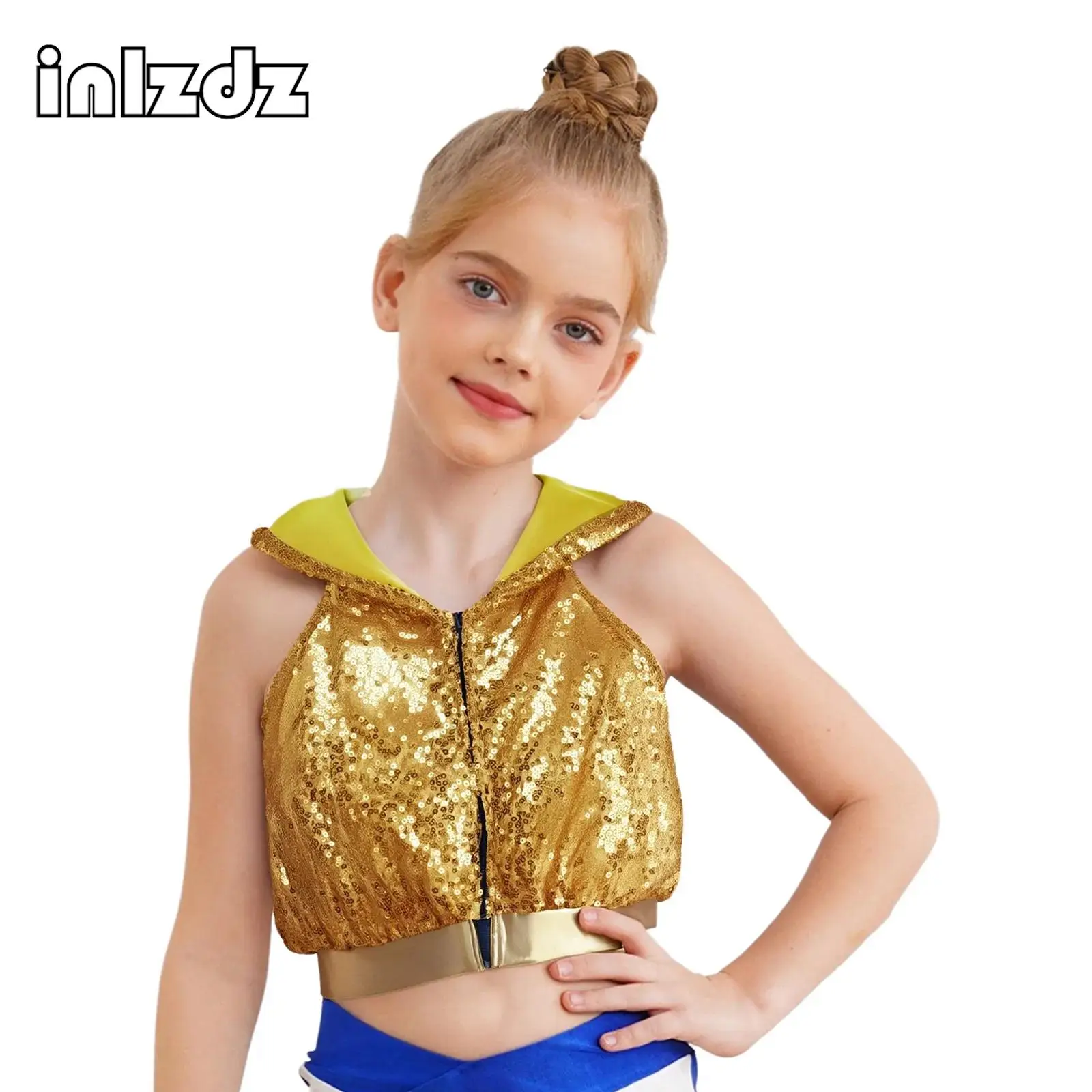 

Hip-Hop Tops Kids Girl Jazz Dance Performance Costume Sleeveless Backless Front Zipper Sparkly Sequins Hooded Crop Top Dancewear