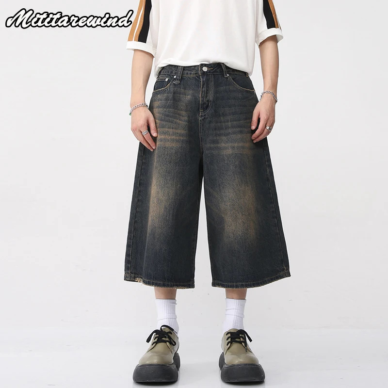 

Streetwear Vintage Jeans Shorts Men Loose Wide Leg Denim Shorts Men Summer Casual Baggy Distressed Flared Cropped Pants Jeans