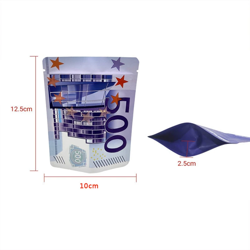 15pcs  With Clear Window Mylar Bags 3.5G 10x12cm 10€20€50€100€200€500€ Small Pouches Bills Paper Proof Zip lock Bag Small Pouch