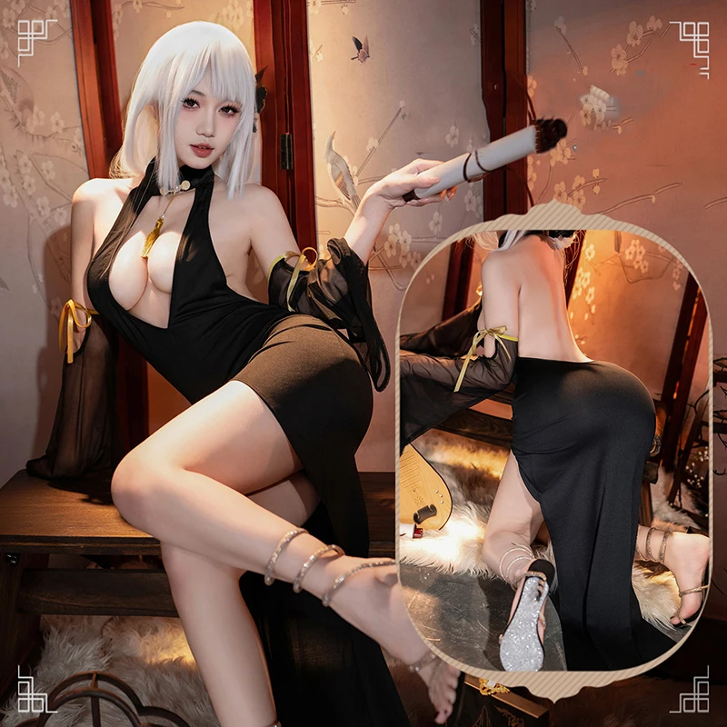 

Anime Dark Elf Witch Dress Black Queen Uniform Women Halloween Outfits Gothic Deep V Backless Cheongsam Cosplay Costume Pajamas