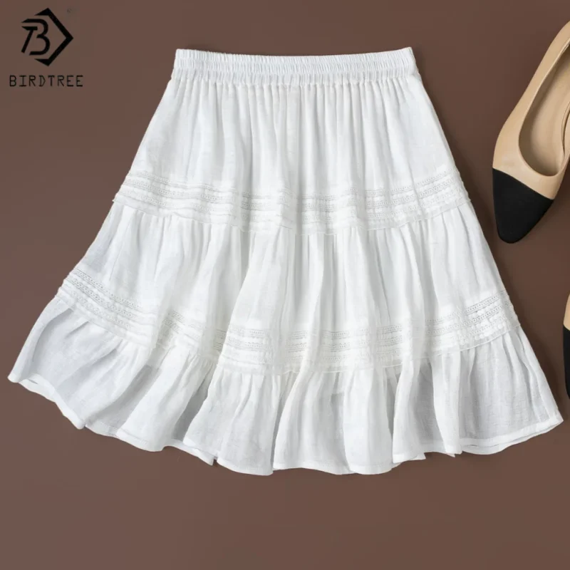 Birdtree, 50% Real Silk 50% Linen Skirt, Women Embroidery Double Layer Short Skirts, Elastic Waist, 2026 Summer New D65918JF