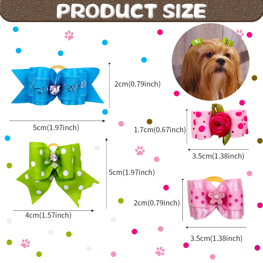 20 sztuk Pet Dog śliczne kokardy do włosów z Rhinestone i kwiaty wstążkowe kokardki sierść psa akcesoria dla psów Groomining artykuły dla zwierząt