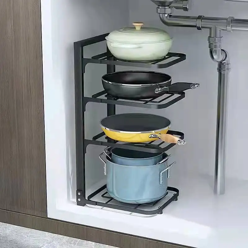 4 Tier Black Metal Corner Under Sink Pot Rack Adjustable Kitchen Cookware Storage Holder Cabinet Organizer For Pans Pots Lids