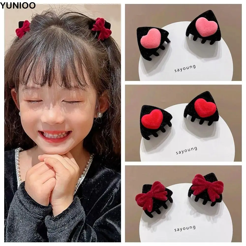 Personalized Heart Cat Ear Hairpin Flocking Cartoon Children's Hair Clip Kroean Style Bow Velvet Hair Clip Girls