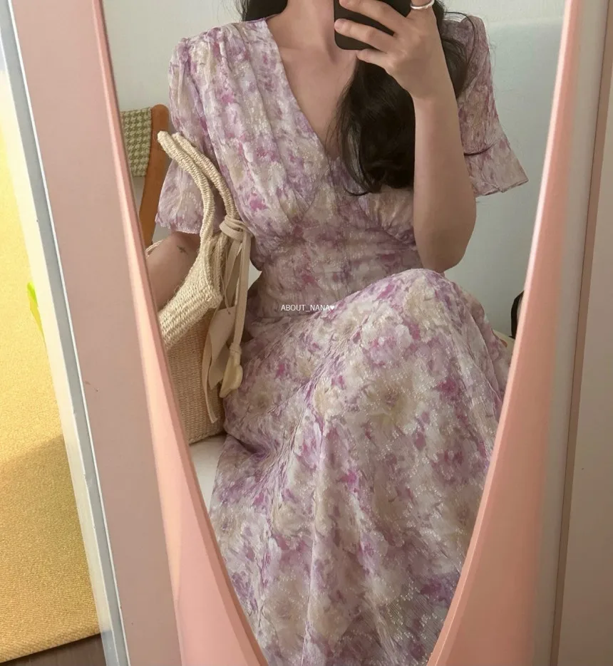 2 kolory kwiatowy Print z krótkim rękawem sukienka wróżki kobiety 2025 lato V Neck moda damska plaża długie sukienki z szyfonu Vestidos (JJ8003