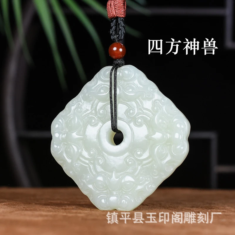 Natural Hetian White Jade Square Divine Guardian Pendant, Fashionable and Versatile