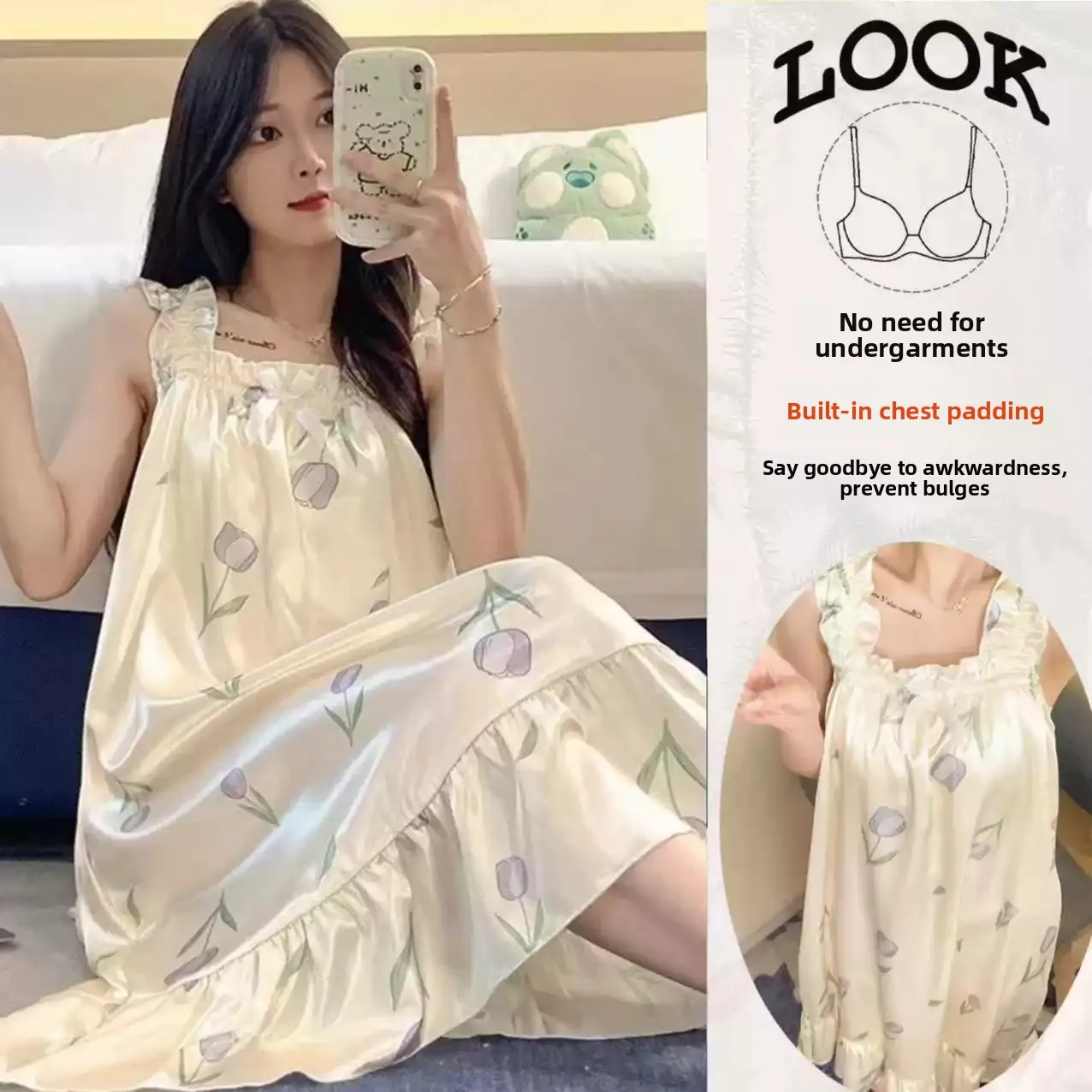 Ice Silk One-Piece Sweet Strap Sleep Dress with Chest Pad Thin Autumn Home Clothes Summer Vest Home Service Women's Nightgown