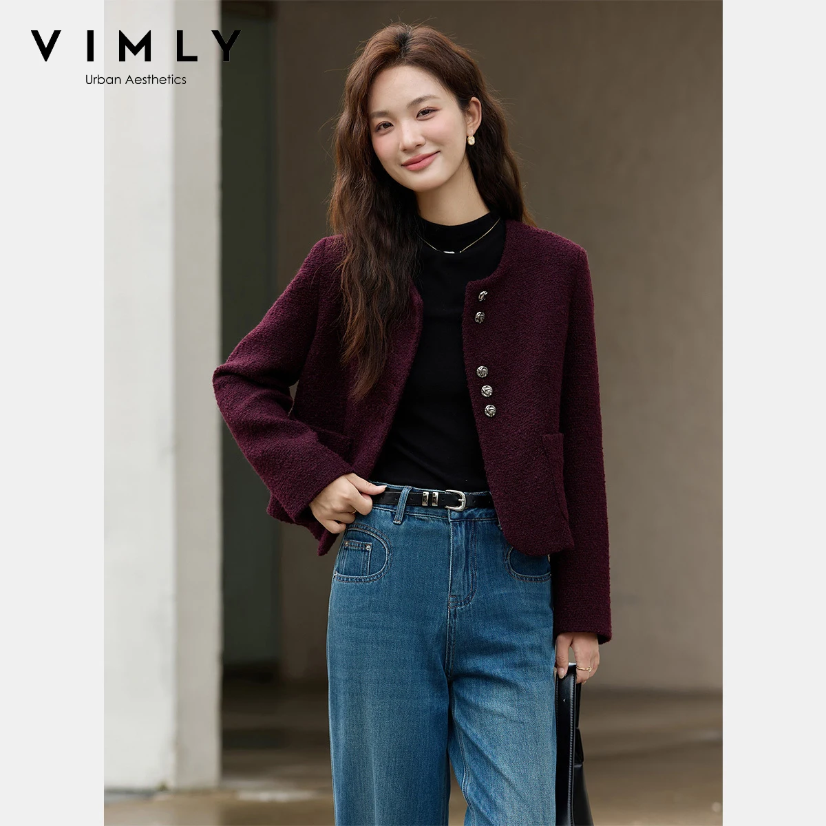 

VIMLY женские фиолетовые твидовые шерстяные пальто с круглым вырезом и небольшим ароматом, короткая куртка с длинными рукавами, офисная одежда, женские топы на пуговицах A2638