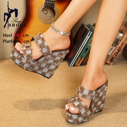 Denim Slippers Women Thick Sole 14.5CM Super High heels Europe And America Style Summer Wedges Lady Shoes High Platform Sandals