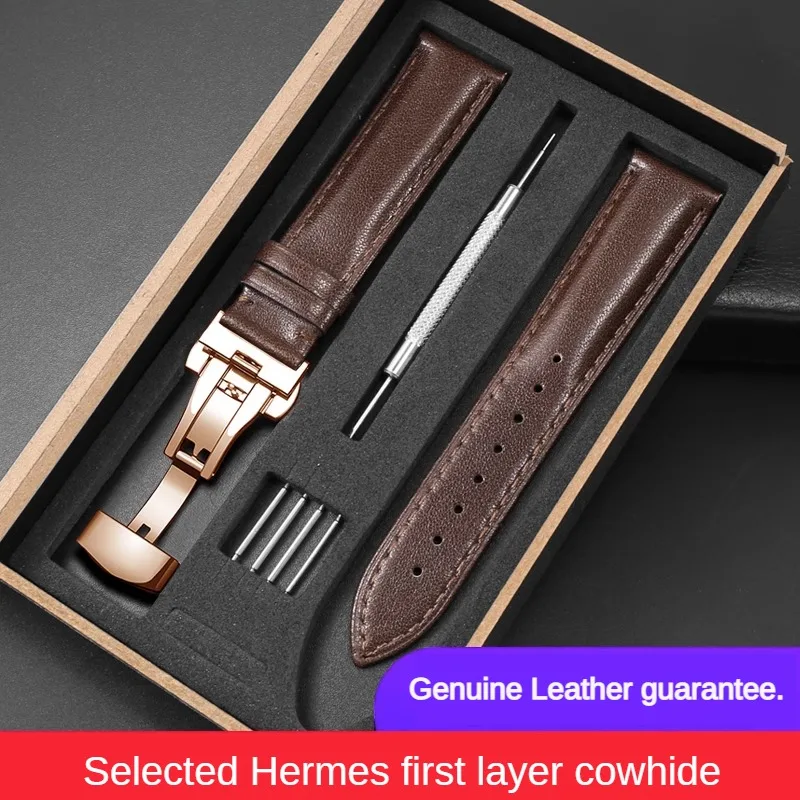 Genuine Leather Watchband For Men And Women 12/13/14/15/16/17/18/19/20/21/22/23/24mm Butterfly Buckle Cowhide Strap