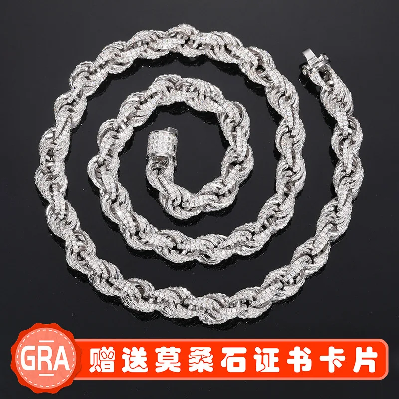 

Europe and the United States cross-border 8mm high-quality rope chain 925 silver set moissan diamond Cuban chain necklace hip-h