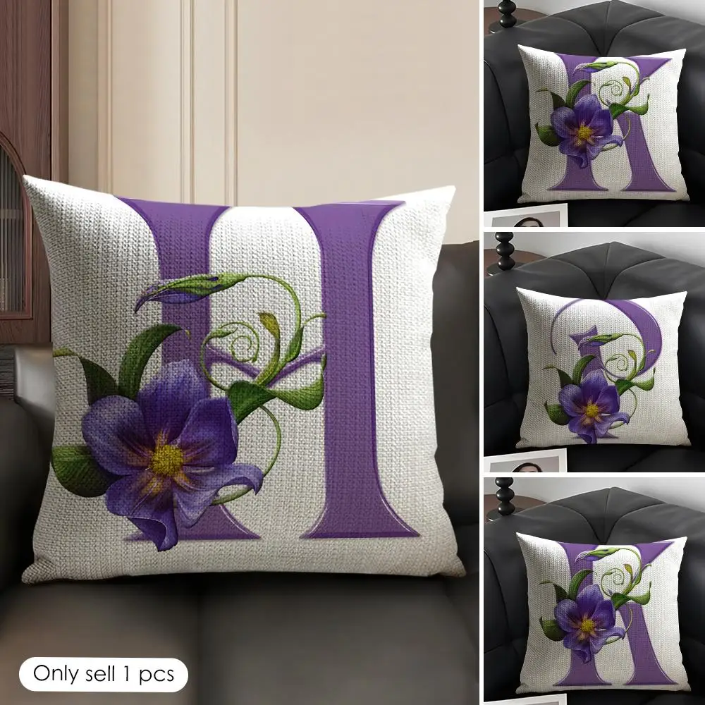 Simple Purple Flower Letters Cushion Cover Breathable Linen Organic Fabric Double-Sided Printing Sofa Pillow Case Home Decor