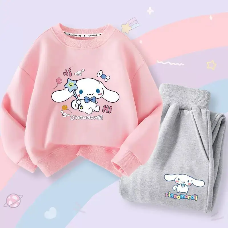 2Pcs Cinnamoroll Child Sportswear Suit Fashion Boys Girls Casual Sweatshirt Hoodie Trousers Cartoon Tops Outerwear Girl Clothing