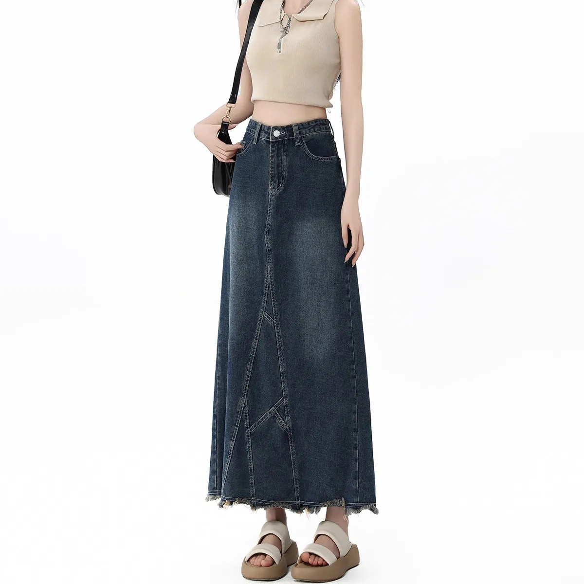 

High-waisted Cargo Denim Skirt Women's Autumn Long A-line Mid-length Skirt Retro Raw Edge Y2k Female Clothing Korean Style 2025