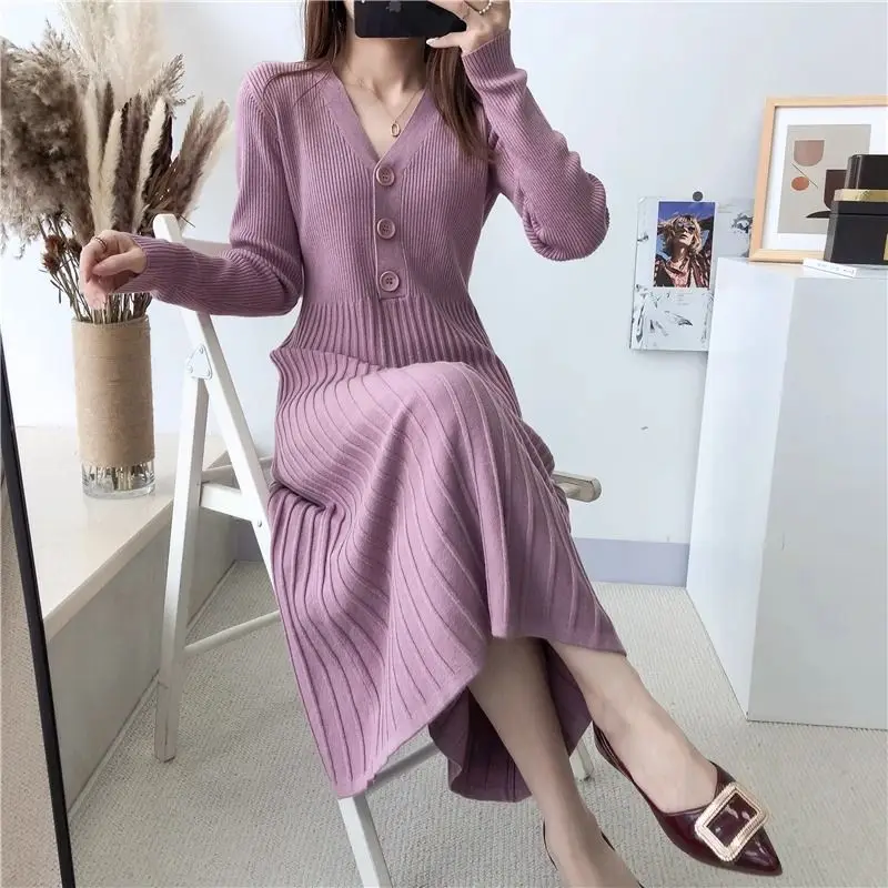 Women's Waistband Slimming Knit Dress 2023 Spring Autumn New Fashion V-neck Elegant Solid Long Sleeve A-line Long Skirt