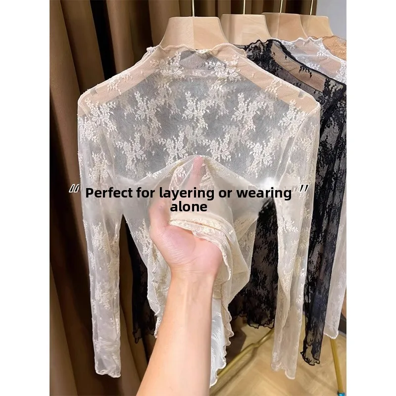 

Korean Sle Slim Fit Lace Base irt Women's Spring Autumn Inner Wear fling Top Ele Small irt Long Sve Polyester...