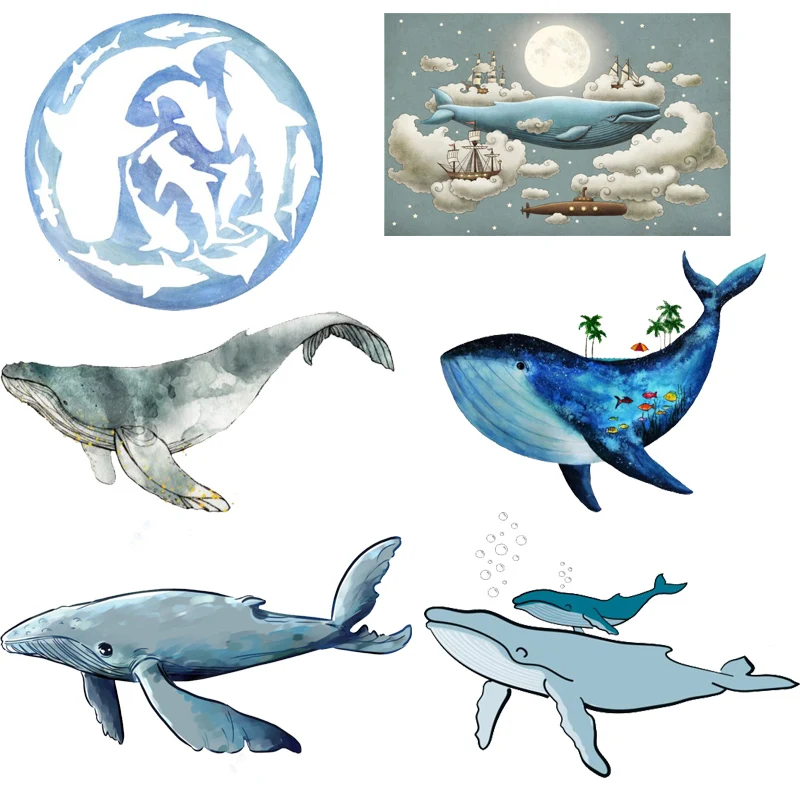 Cartoon whale Iron on Patches For DIY Heat Transfer Clothes T-shirt Thermal transfer stickers Decoration Printing Wholesale