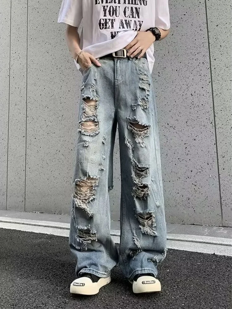 

Trendy Men's Ripped Denim Jeans Autumn New Loose Wide Leg Micro Flared Long Pants Straight Loose Slimming Jeans