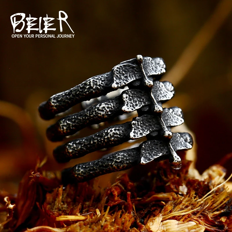 BEIER 316L Stainless Steel Biker Dark wind Jewelry Unique Punk Gothic Skeleton Satanic Demon Skull Ring Men BR8-983