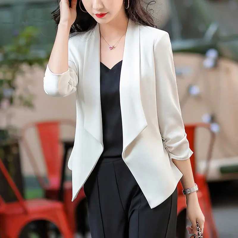 Intellectual Notched Loose Blazers Solid Color Cardigan Creative Temperament Office Lady Elegant Casual Women\'s Clothing Thin