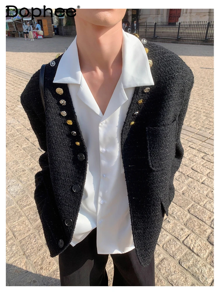 

Men's 2025 Autumn New Small Fragrant Jackets Trendy V-Neck Long Sleeve Short Style Jackets Male Button Decoration Fashion Coats