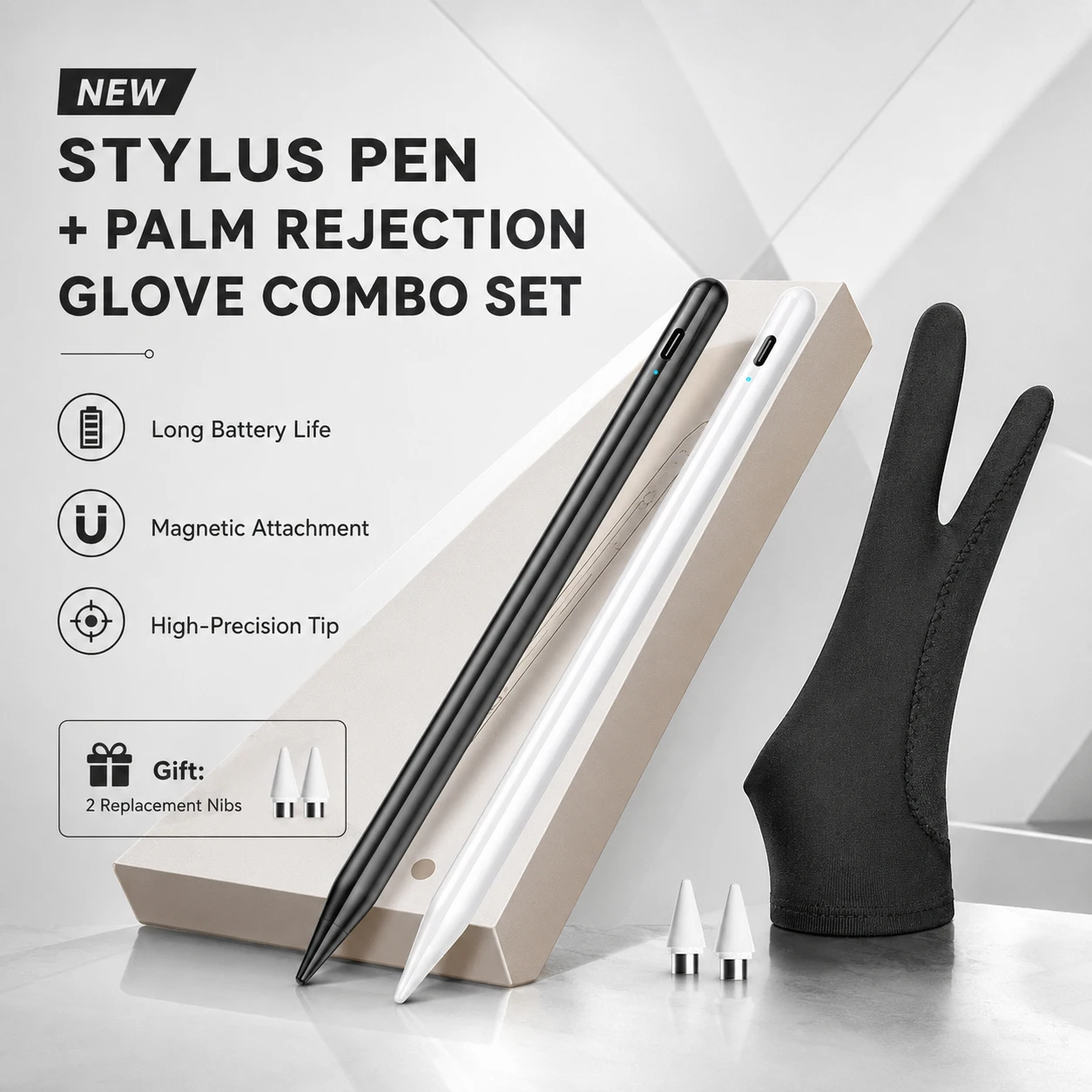 

New Stylus Pen & Anti-Fouling Glove Set, 95% Phone & Tablet Compatible, Long Battery Life, Side Magnetic, High Precision Tip