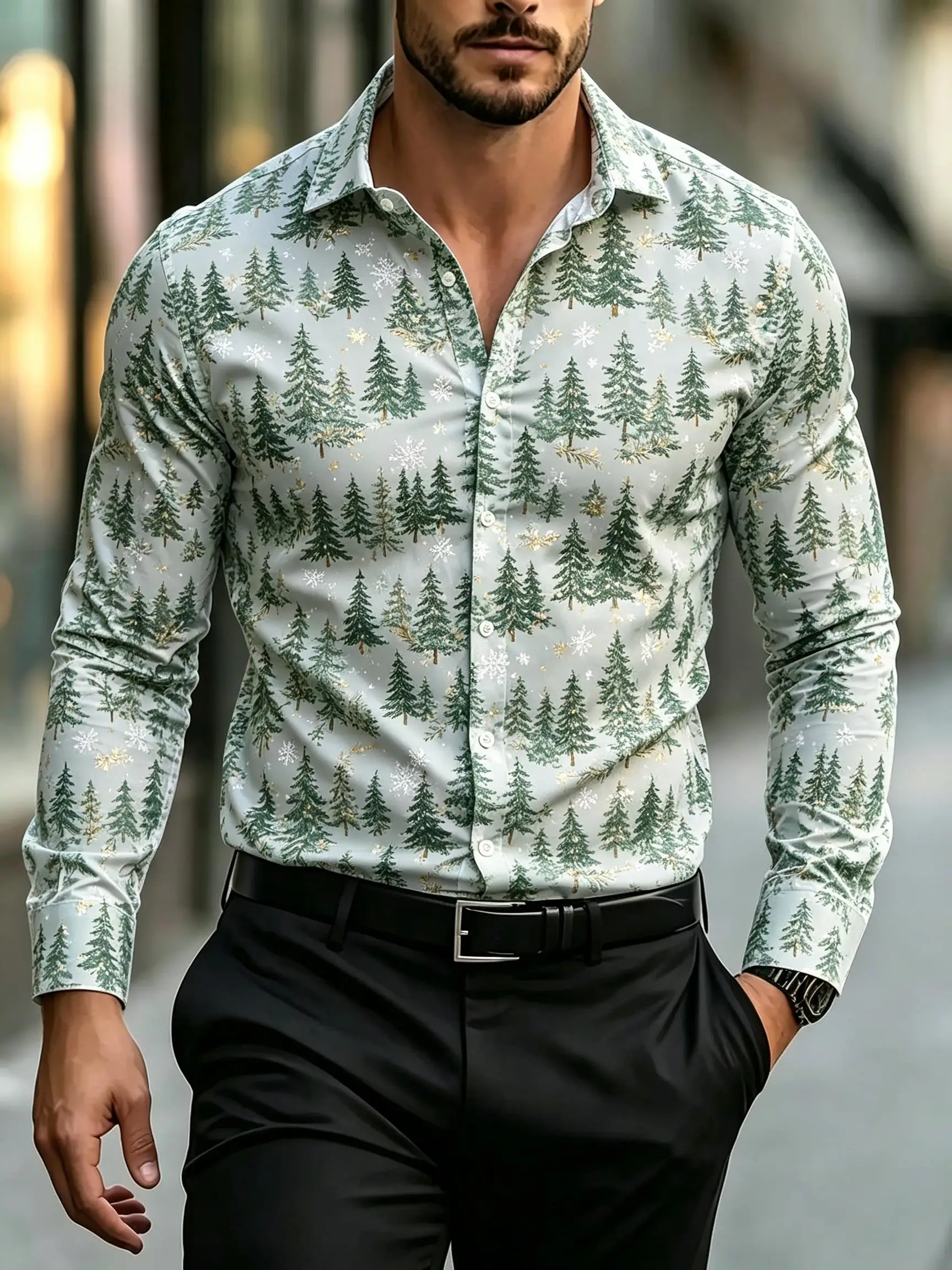 2026 Men's Long Sleeve Shirt Winter Pine Tree Moon Snowflake Print Christmas Men Gift Fashion Loose Fit Daily Wear Tops