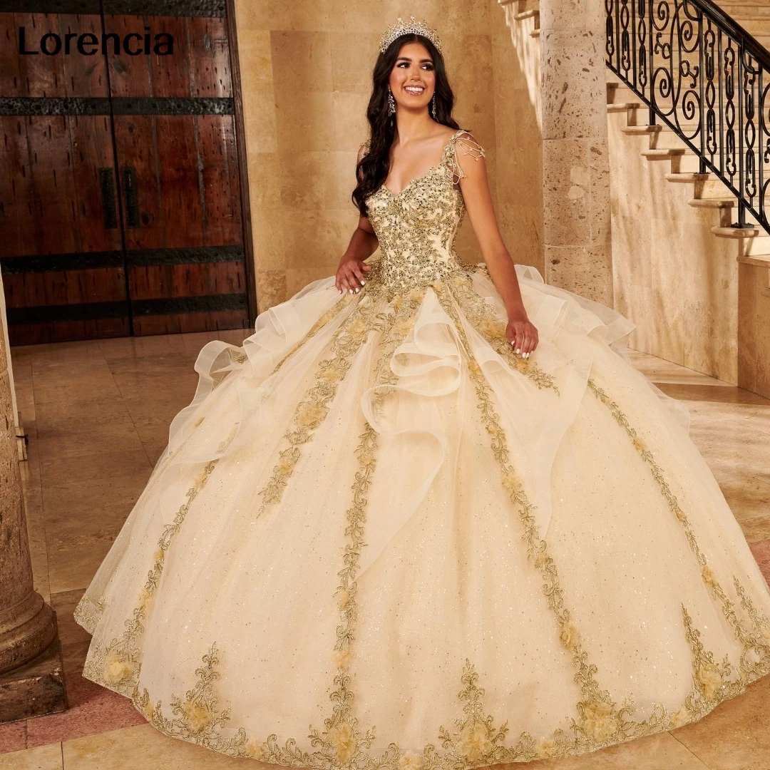 

Customized Champagne Quinceanera Dress Ball Gown Gold Lace Applique Beaded Tiered Corset Sweet 16 Vestidos De 15 Años YQD831