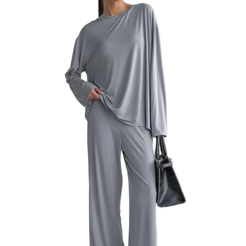 Women's Modal Two-piece Set Loose Casual Loungewear European  American Round Neck Elastic Knitted Long-sleeved Trousers Pajamas