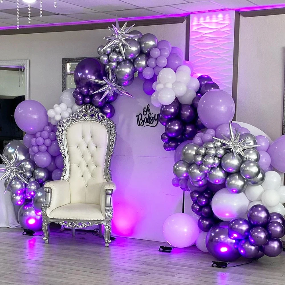 119Pcs Purple White Balloon Arch Metallic Silver Balloons Garland Kit Ballon Wedding Decor Birthday Party Baby Shower Decoration