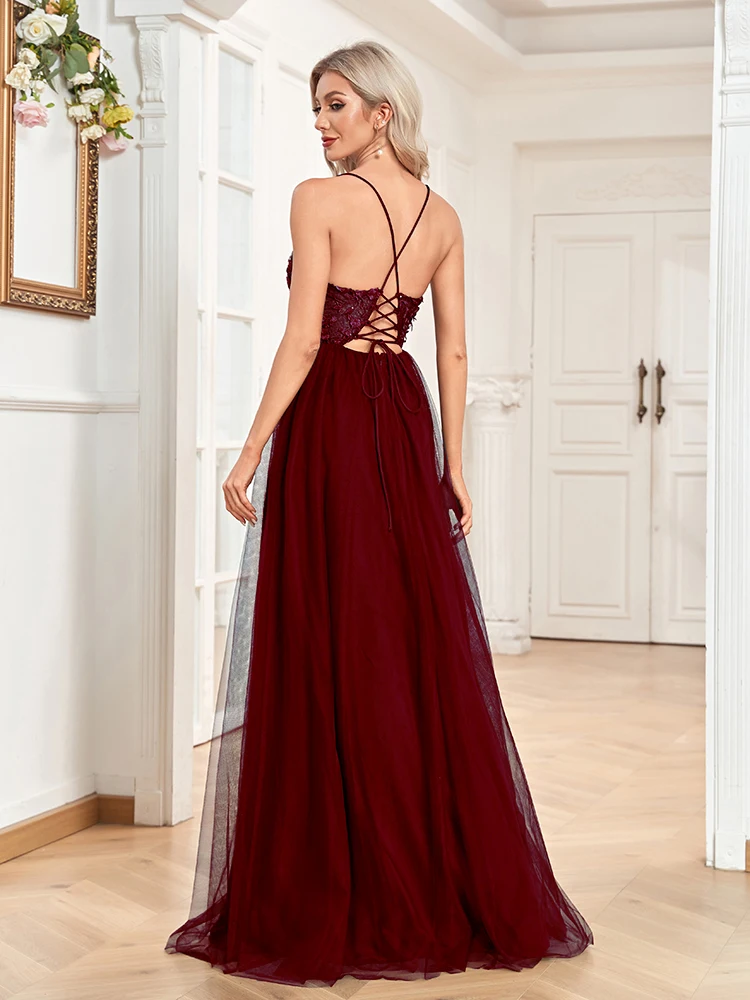 Xuibol Vrouwen Elegante Avondjurk Sexy Uitholling Applique Backless A-lijn Tule Jurk Chiffon Slit Lange Party Cocktail Jurk