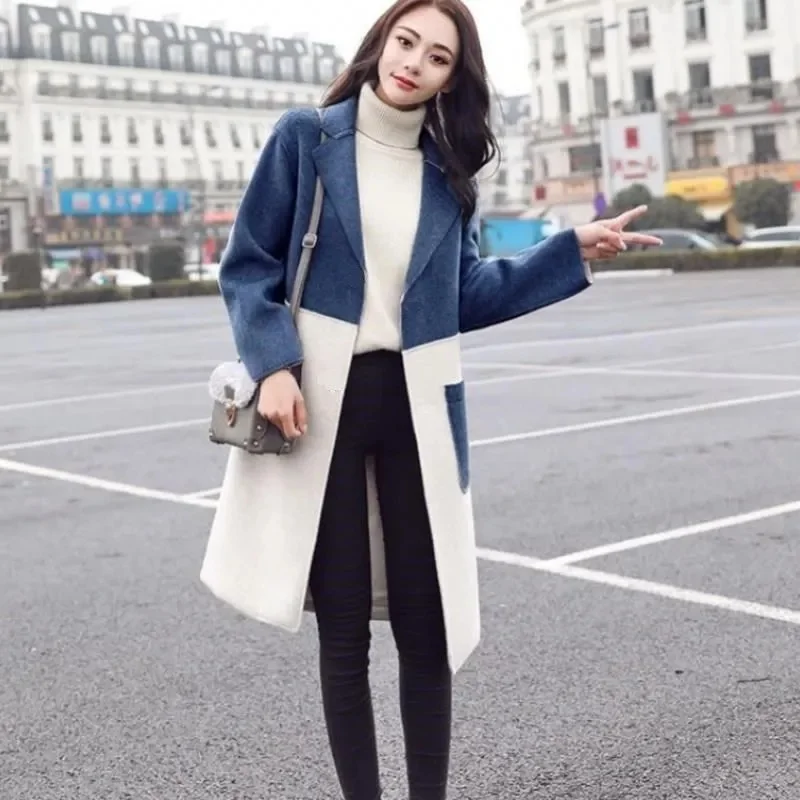 Woolen Coat 2023 Autumn/Winter New Korean Version Popular female Jacket Woolen Coat Women\'s Mid length Over Knee Splice Commuter