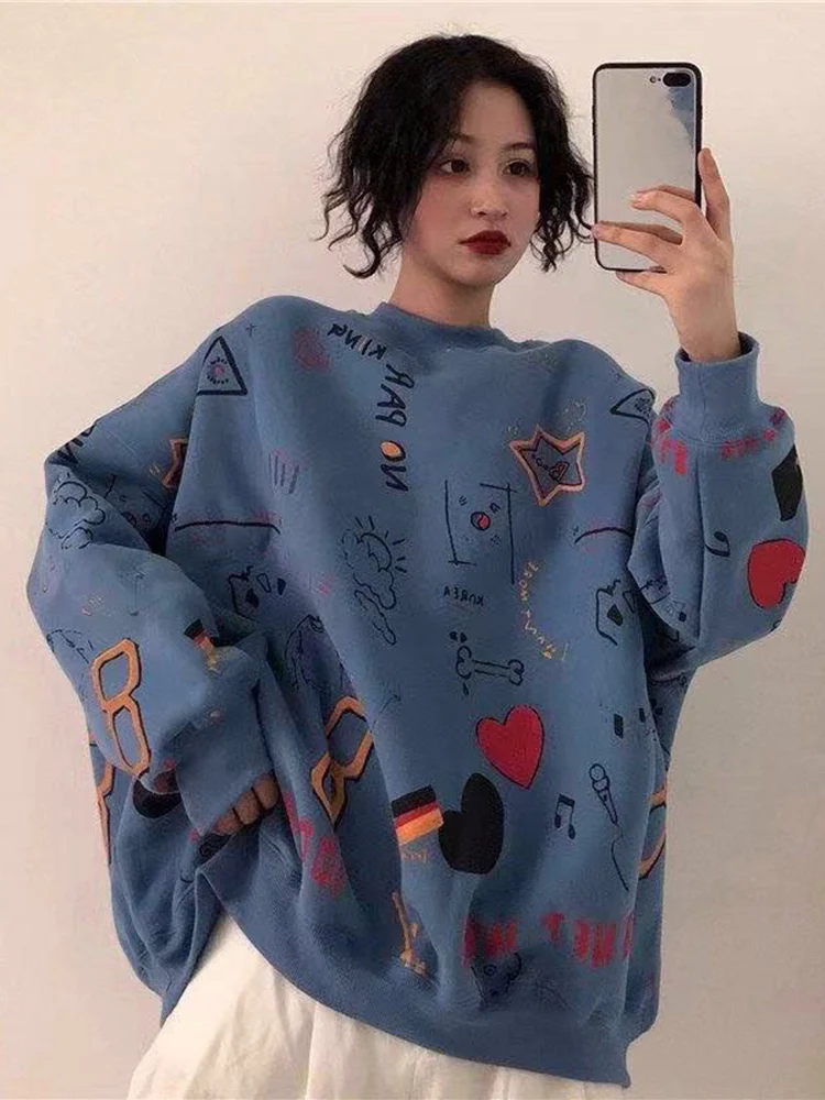 

Zoki Cute Harajuku Bf Sweatshirts Casual Kawaii Oversize Loose Tops Women Korean Preppy Style Long Sleeve O Neck Retro Pullover