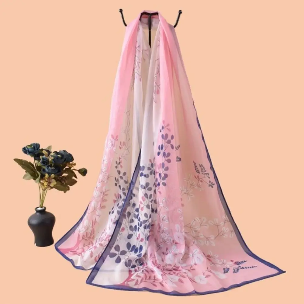 

Elegant Floral Print Chiffon Scarf Thin Long Shawl Silk Protection Soft Beach Scarves Summer