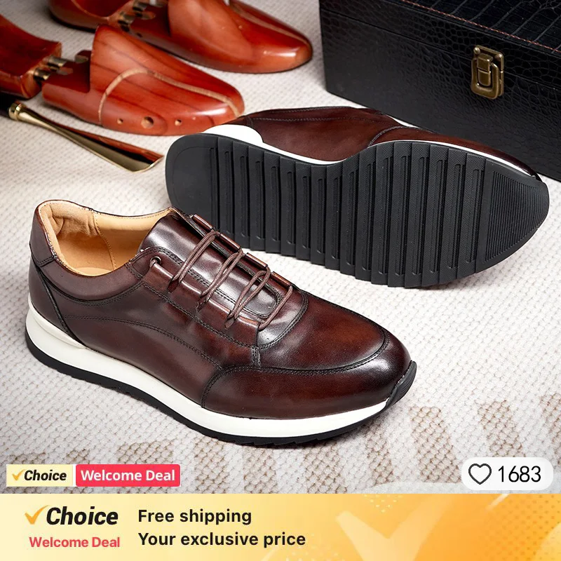 

Men's Genuine Leather Flat Sneakers with Lace Up round Toe Loafers Chaussures Hommes