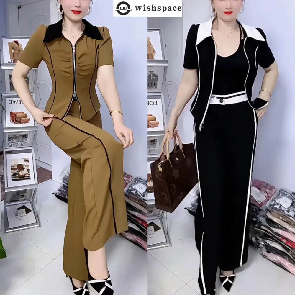 

Fashion Casual Set for Women in Spring and Summer New Western-style Slimming Short Zippered Top Wide Leg Pants Two-piece Set