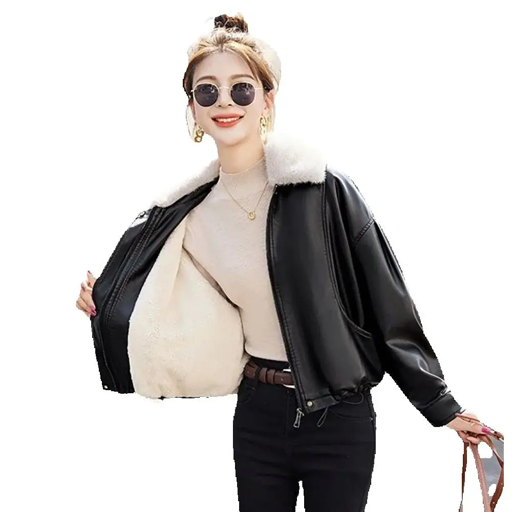 

Leather Women's Autumn/winter 2024 New Fleece Loose Slim Casual Exotic Joker Warm Fur Collar Temperament Coat Tide.