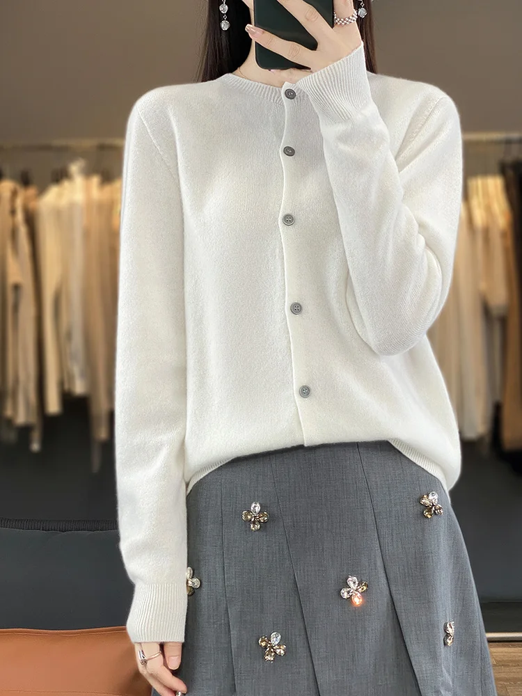 Basic O-Neck 100% Merino Wool Sweater Women Knitted Cashmere Cardigan Spring Autumn Female Knitwear Clothing Tops