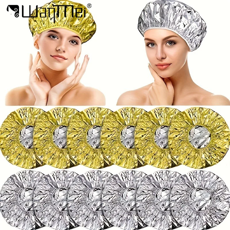 12pcs Aluminum Foil Caps Set Heat Insulation Bathing Shower Hats for Hair Elastic Portable Waterproof Hairdressing Caps Salon