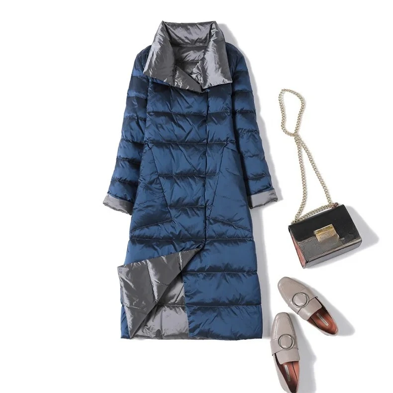 

Woman Puffer Jacket 2 IN 1 Reversible Lightweight Duck Down Jacket Women Long Coat Winter White Duck Down Overcoat