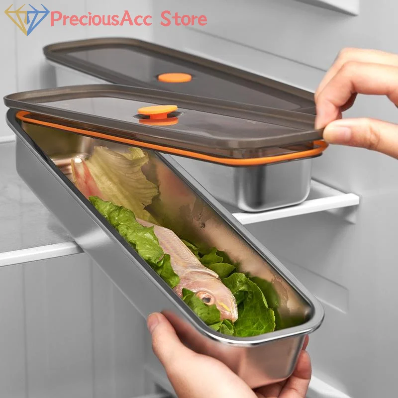 Caja de mantenimiento fresco de acero inoxidable 201, bandeja de tocino con tapa para frutas, verduras, viandes, limpieza de cocina, almacenamiento en refrigerador
