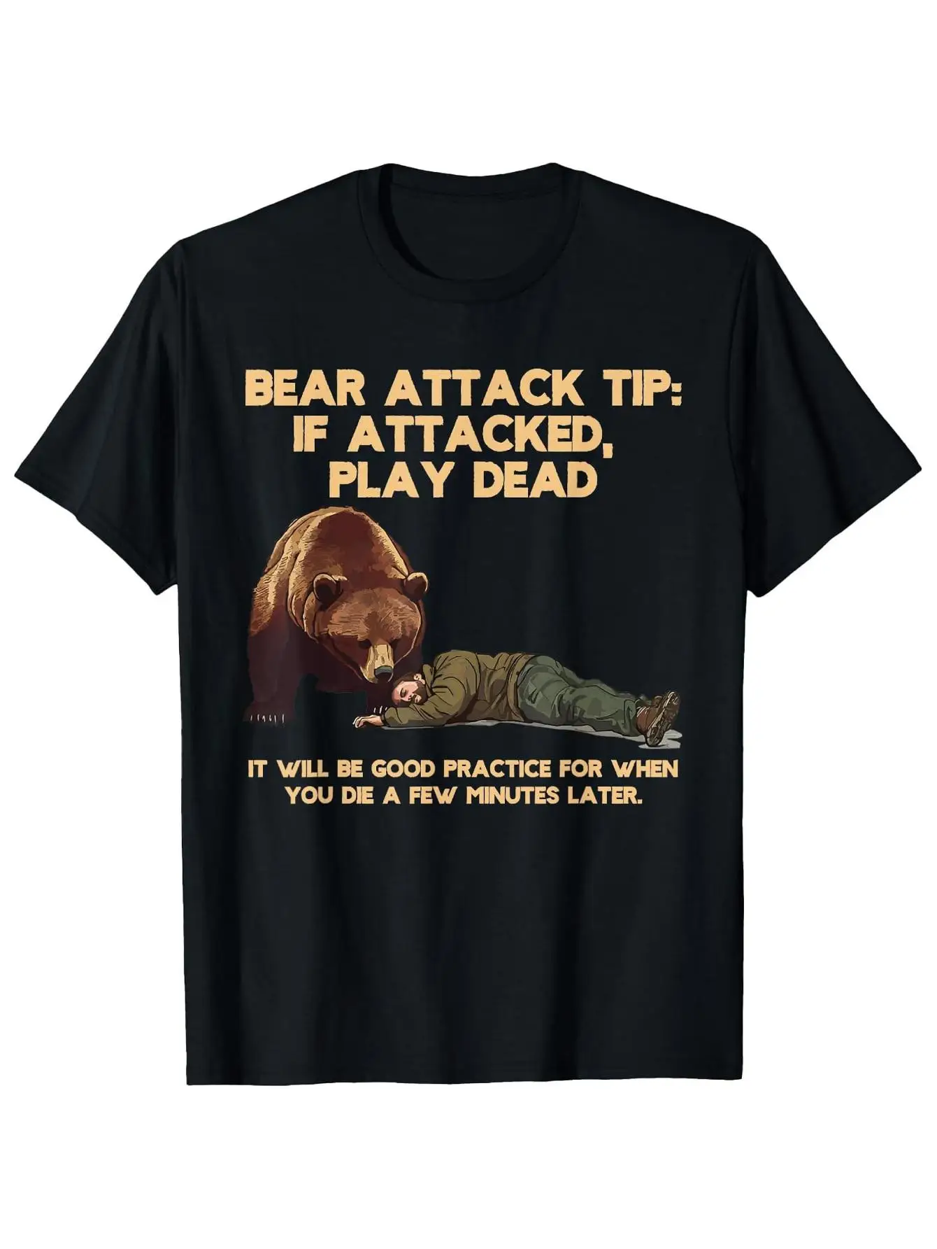 Men'S Funny Bear Attack Survival T-Shirt - Play Dead Quick Guide Graphic (Kick Legs, Scratch Neck) Lightweight Breathable Short Sleeve Round Neck Tee Suitable for Outdoor Camping, Hiking Bear Country Adventures Humorous Bear Tips Design