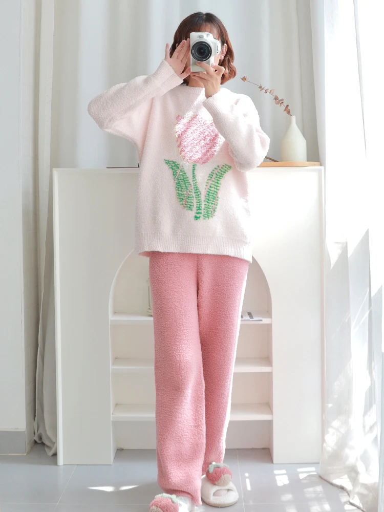 2023 Winter Long Sleeve Thick Warm Flannel Pajama Sets For Women Korean Cute Cartoon Sleepwear Suit Pyjama Homewear Home Clothes