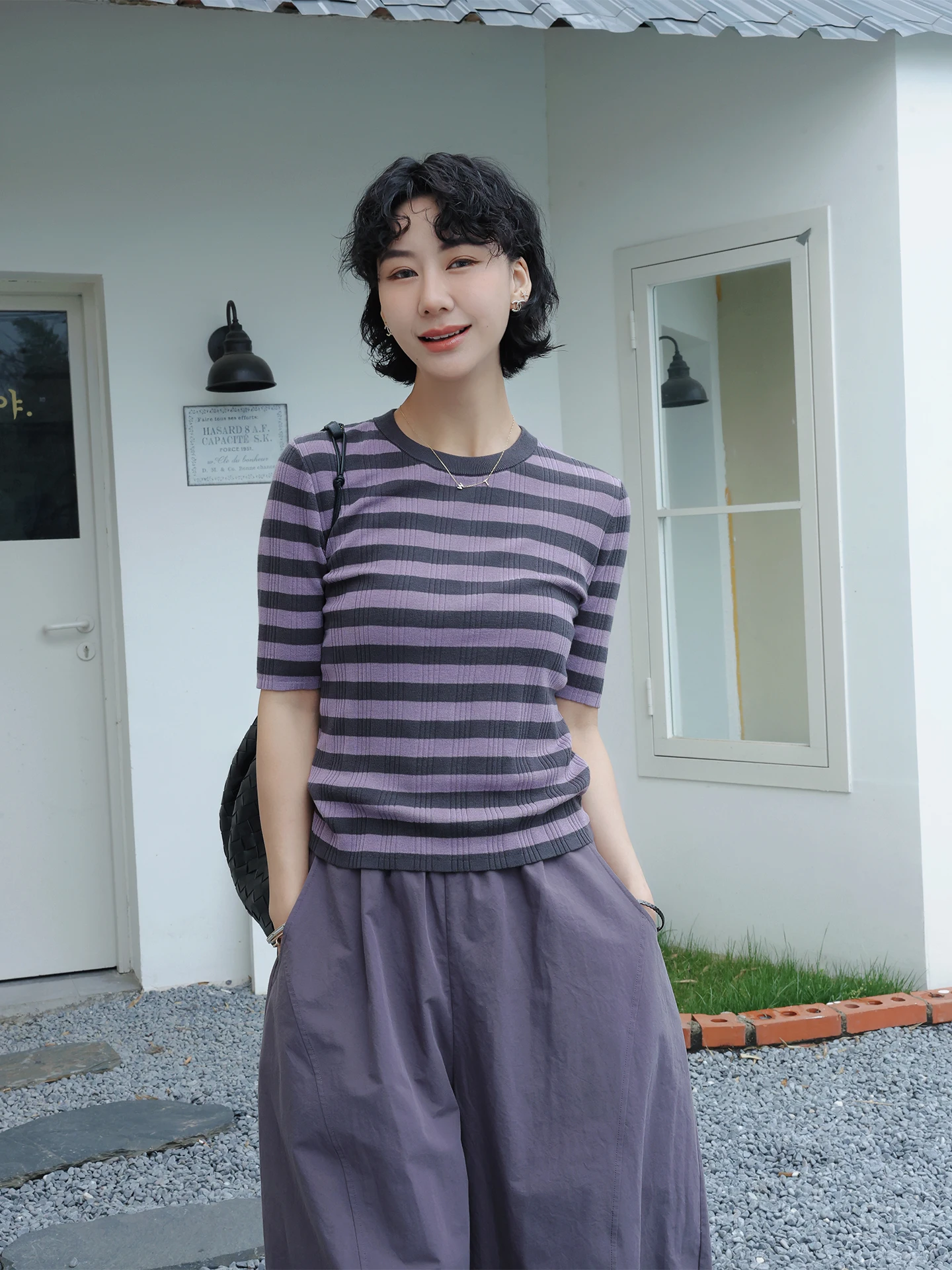 

TT Violet Spring 2026 Slim Fit round Ne ort Sve T-irt Thin Lenzing Striped Top Women's Knitted Wear